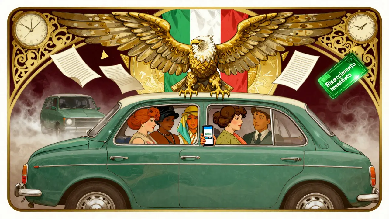 Passeggeri italiani sono al sicuro mentre un veicolo straniero svanisce, sostenuti da un simbolo di garanzia.