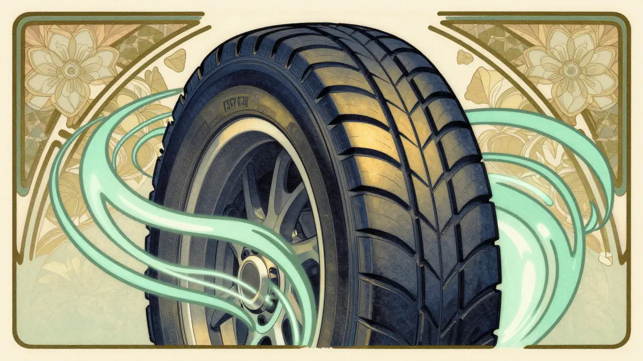 Rappresentazione artistica di tecnologia gomme EV per efficienza e silenzio.