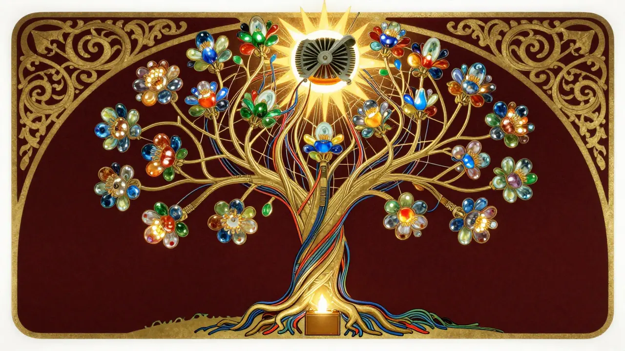 Rete di cavi e fusibili a forma di albero magico con luci colorate e dettagli Art Nouveau, cuore dell'impianto elettrico.