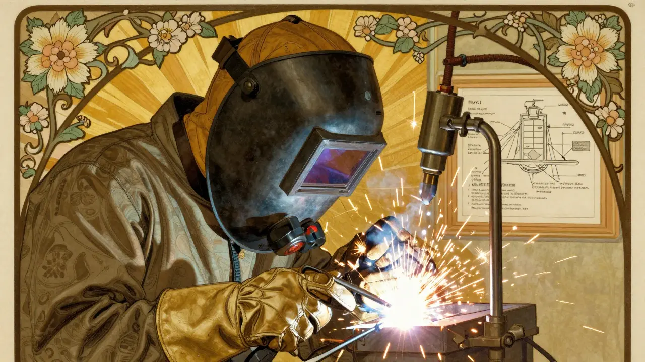 Saldatore protetto da maschera e respiratore, con cappa d'aspirazione vicina, in stile Art Nouveau.