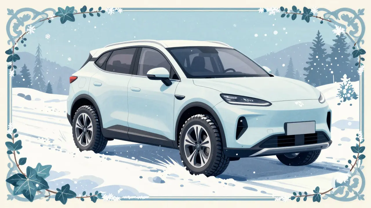 Scenario invernale Art Nouveau con veicolo elettrico su neve e pneumatici sicuri.