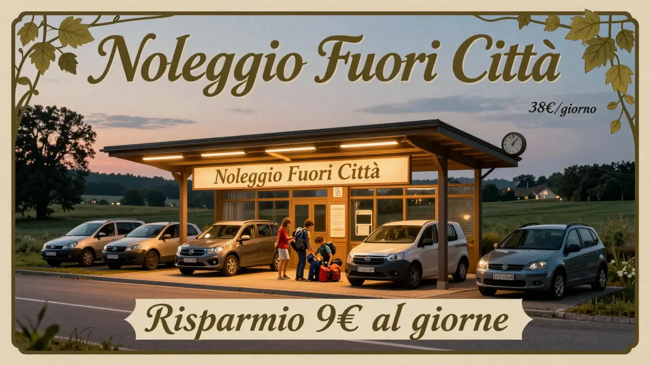 Stazione di noleggio fuori città al tramonto con auto varie e prezzo più basso, in stile Art Nouveau.