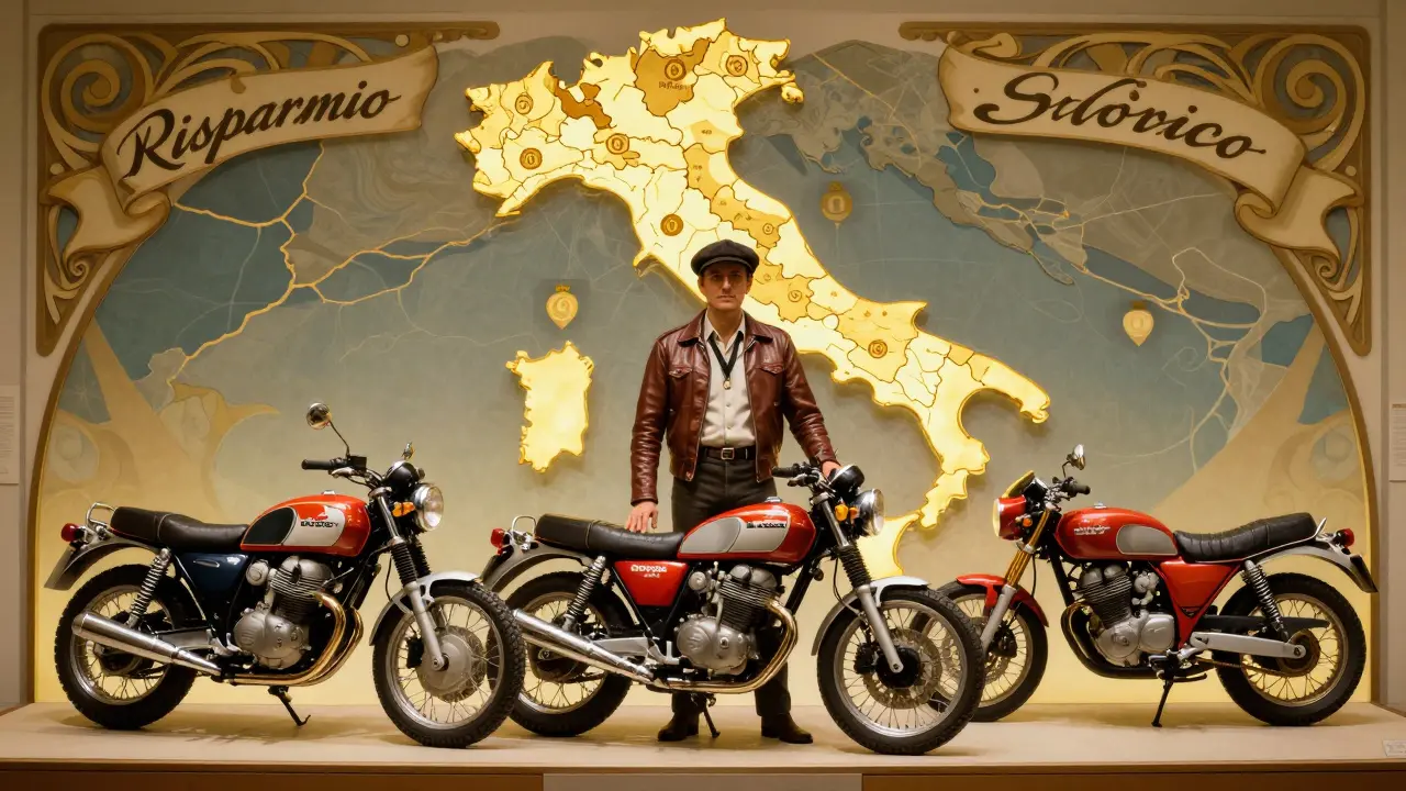 Tre moto d'epoca italiane esposte come tesori, con una mappa d'Italia che mostra le regioni con bollo esente e risparmio assicurativo.