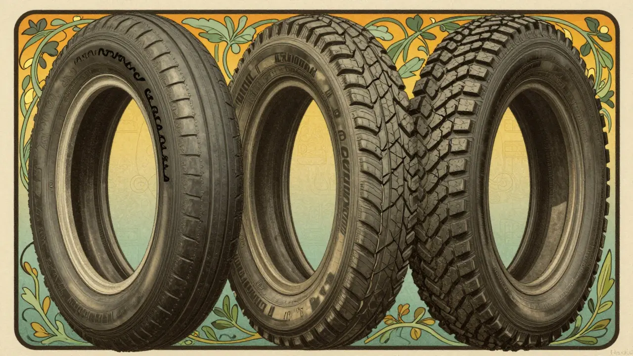 Tre tipi di pneumatici confrontati: nuovo, usurato e invernale, circondati da motivi floreali in stile Art Nouveau.