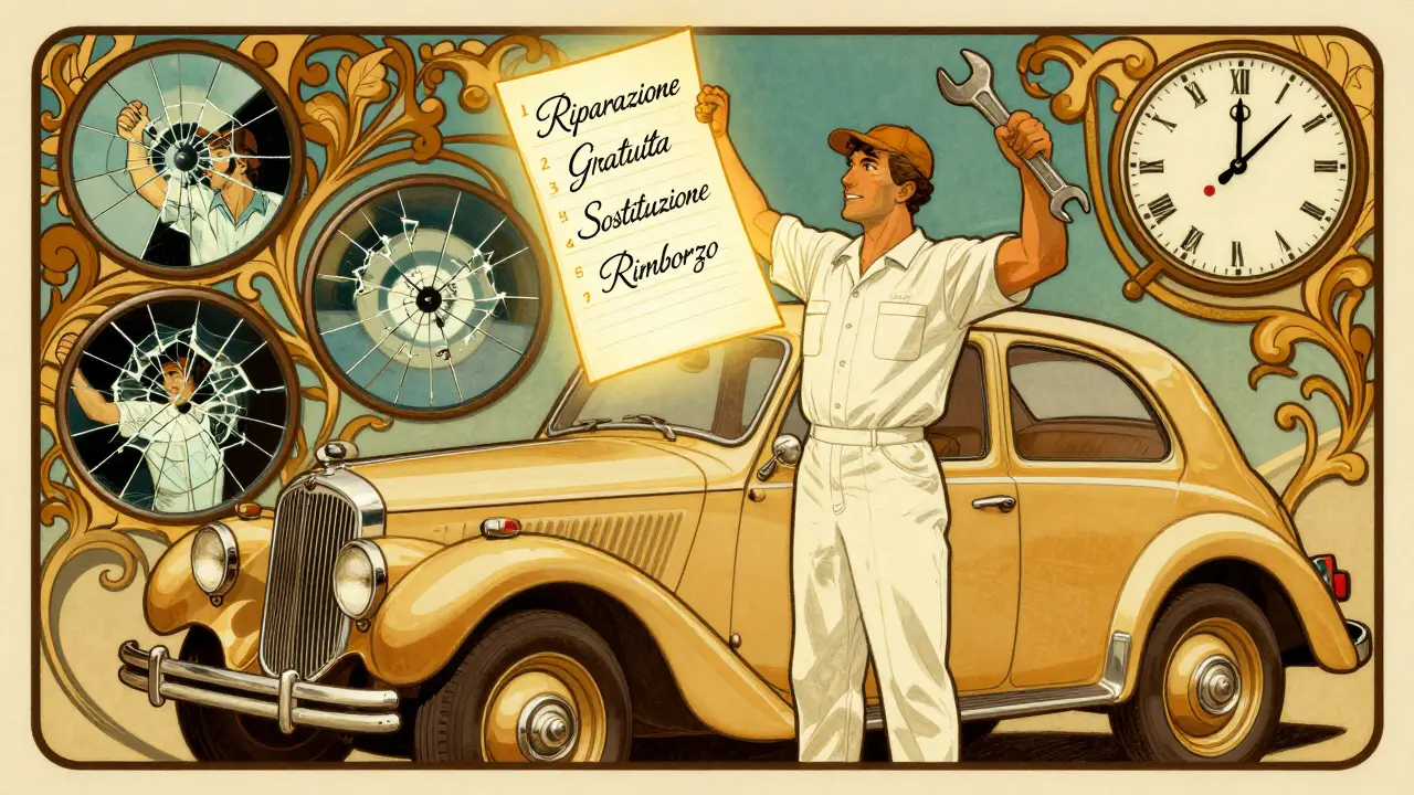 Un'auto con un checklist luminoso che mostra i diritti del consumatore: riparazione, sostituzione, rimborso.