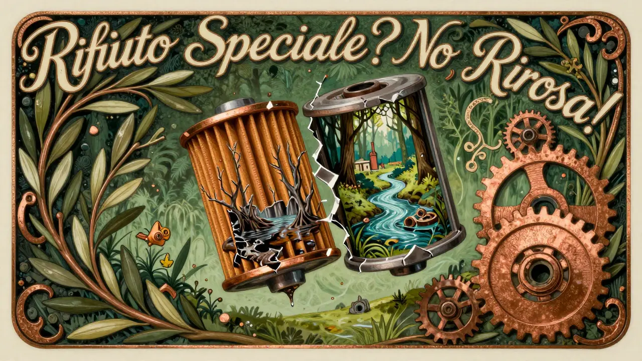 Un filtro olio aperto rivela due mondi: inquinamento e riciclo, circondato da motivi Art Nouveau e testo italiano.