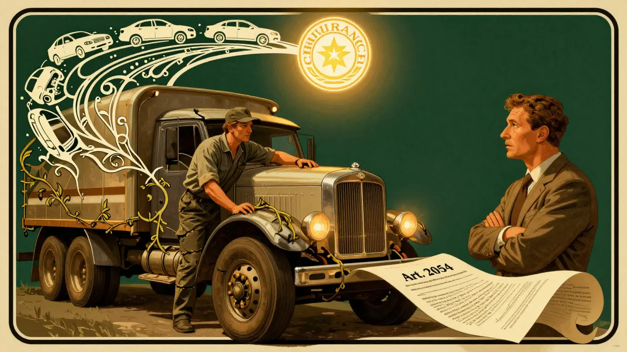 Un furgone con pneumatici danneggiati circondato da linee ornamentali che rappresentano la responsabilità aziendale, in stile Art Nouveau.