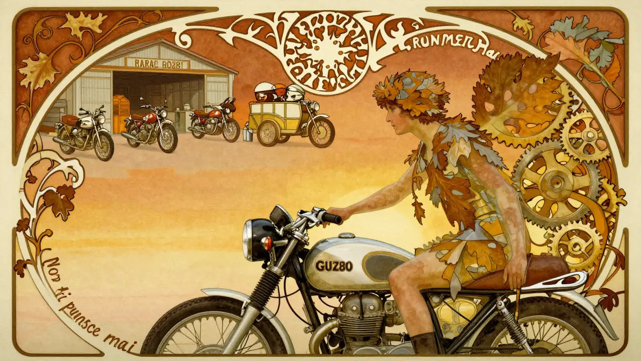 Un giovane che accarezza una Moto Guzzi d'epoca, protetto da una figura floreale, con elementi che rappresentano raduni e trasporto sicuro.