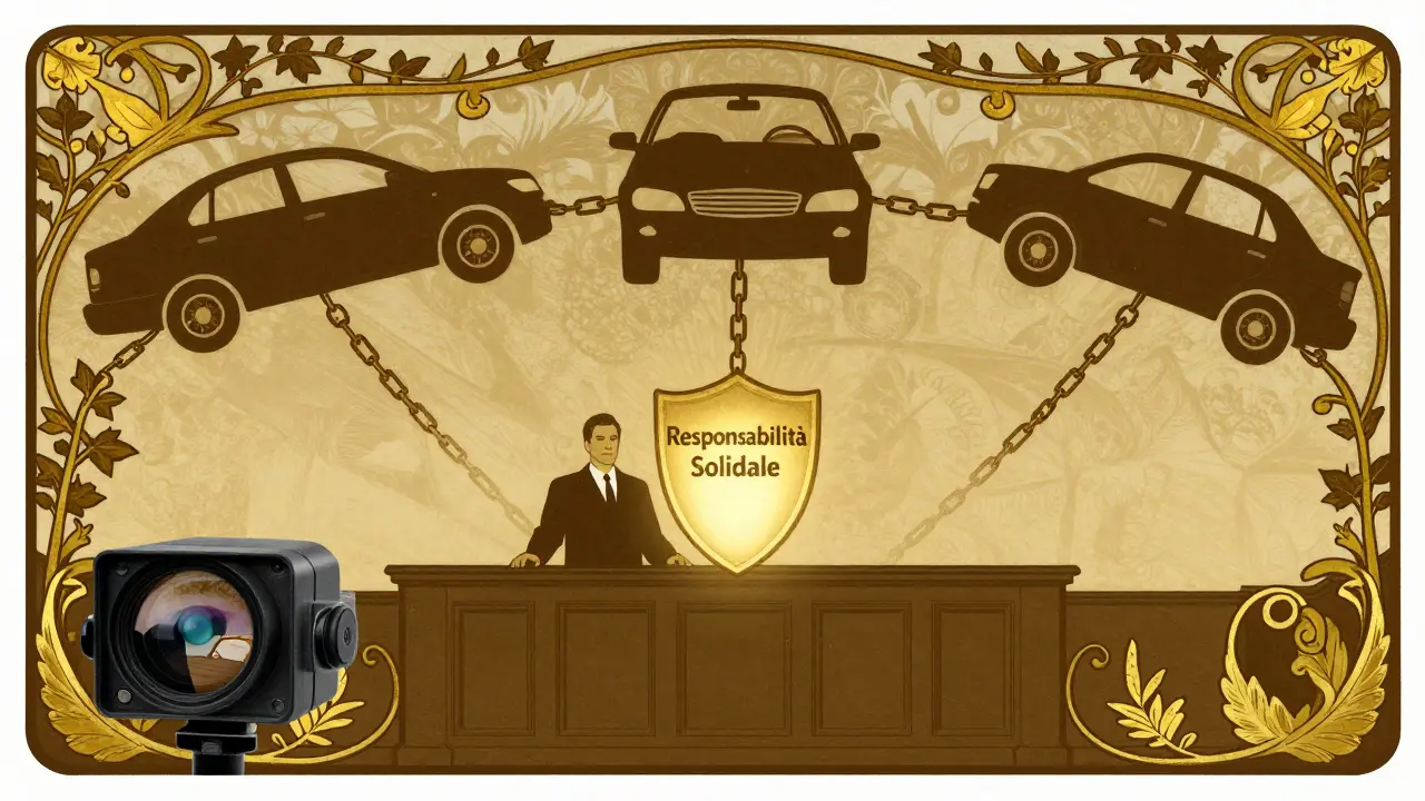 Un guidatore protetto da uno scudo 'Responsabilità Solidale', con auto colpevoli collegate da fili dorati in stile Art Nouveau.