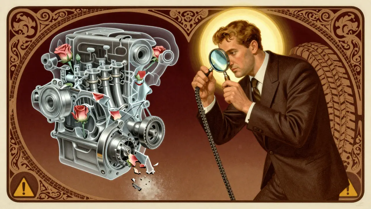 Un meccanico che controlla una cinghia con una lente, mentre attorno fluttuano danni interni al motore in stile Art Nouveau.