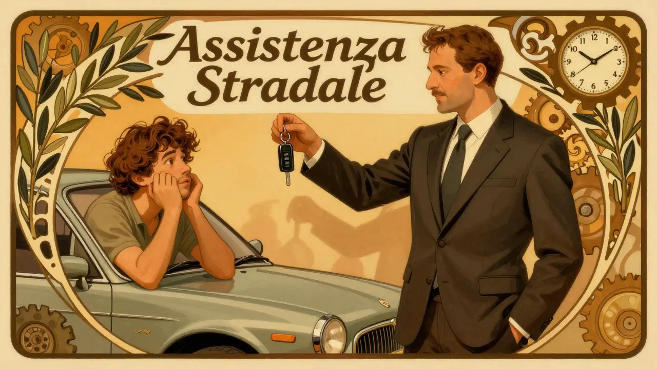 Un meccanico consegna le chiavi di un'auto sostitutiva a un cliente, con decori floreali e un orologio che segna 7 ore.