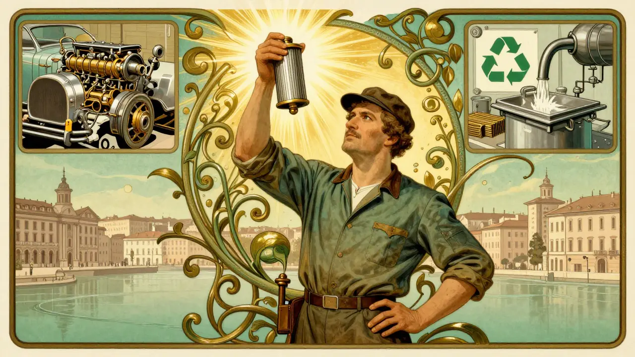 Un meccanico in stile anni '20 mostra un filtro olio usato, circondato da elementi del riciclo e della rigenerazione.