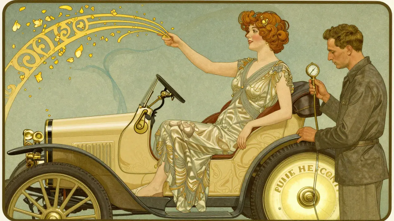 Una donna in auto elettrica silenziosa con un'etichetta europea che mostra una sola onda nera, in stile Art Nouveau.