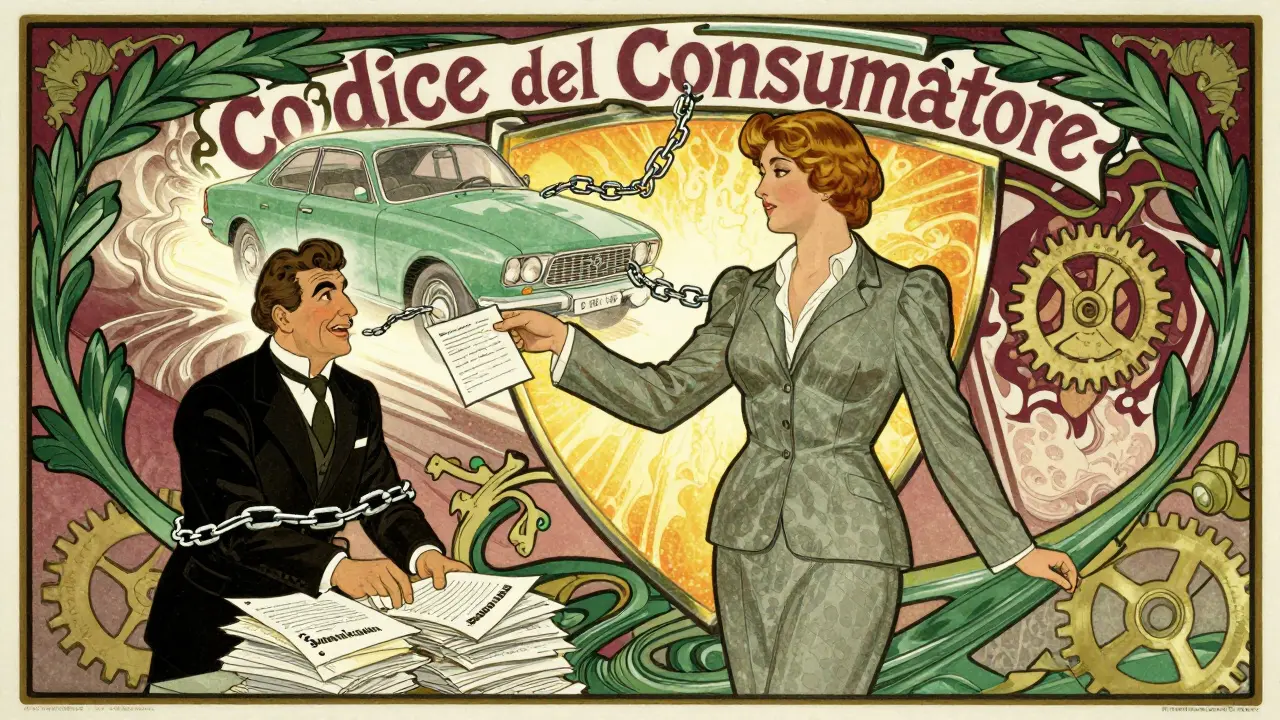 Una donna invia una lettera di reclamo mentre un concessionario è incatenato a documenti falsi, protetto dal Codice del Consumatore.