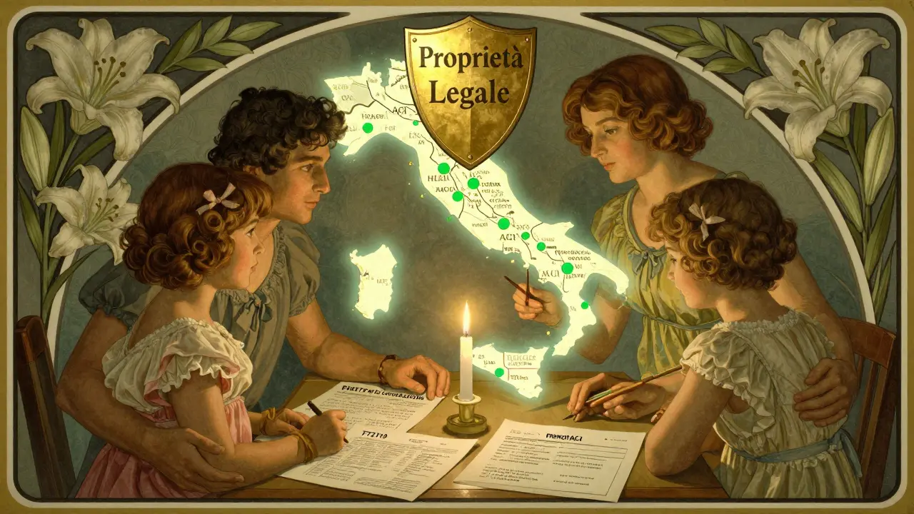 Una famiglia organizza la registrazione auto con documenti e mappa dell'Italia, stile Art Nouveau.