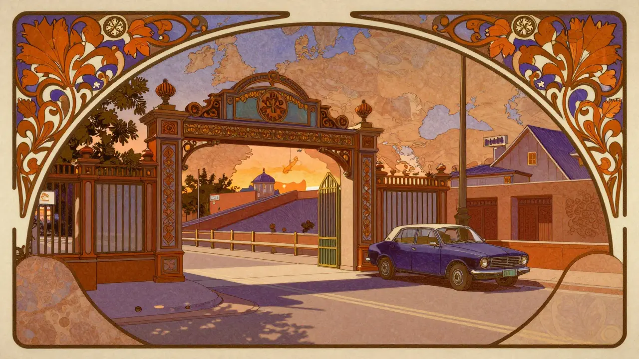 Auto a un checkpoint di frontiera extra-UE con decorazioni floreali Art Nouveau.