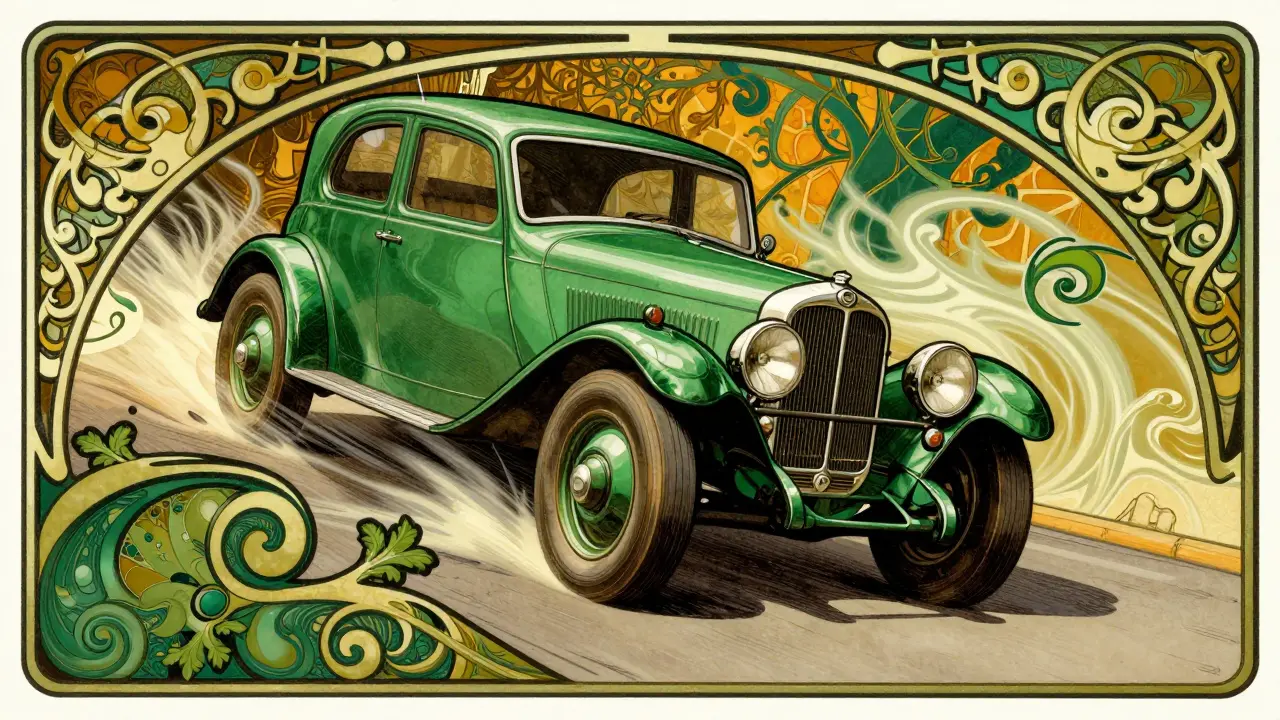Auto che affonda l'avantreno in frenata, illustrazione Art Nouveau