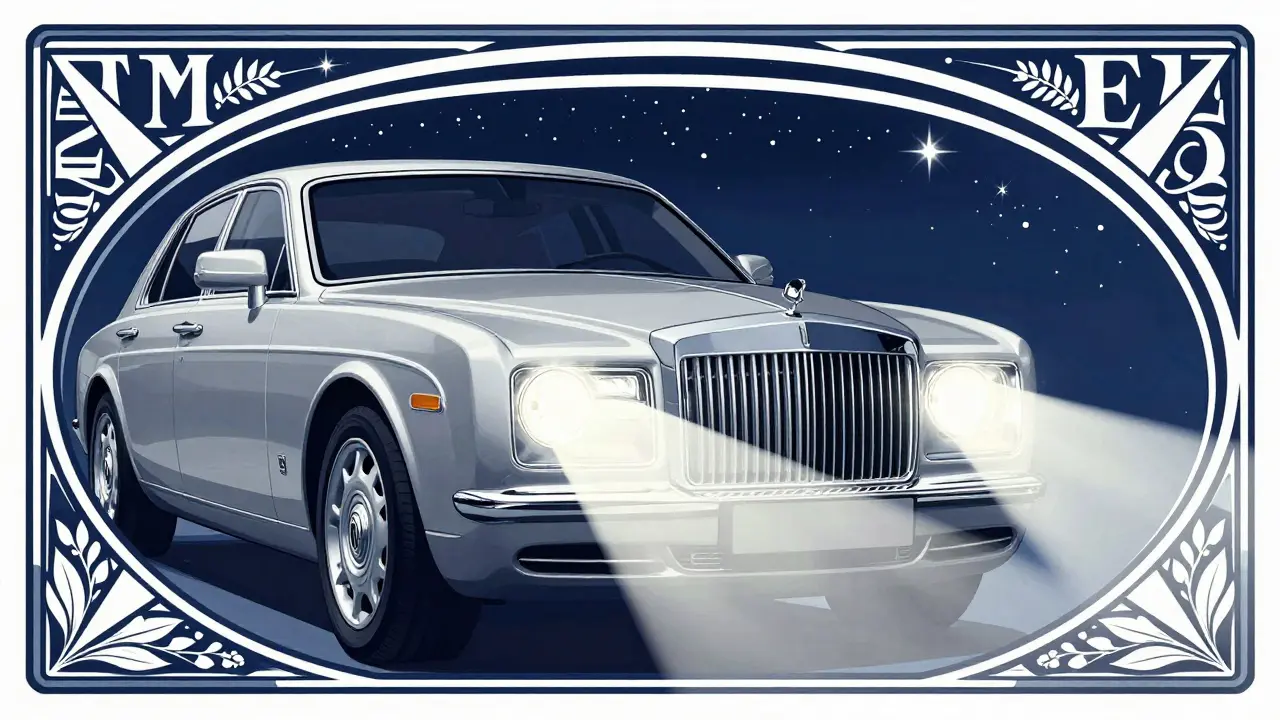 Auto con fari brillanti e trasparenti in un'illustrazione Art Nouveau