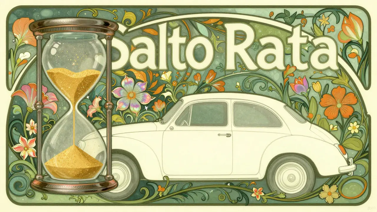 Auto d'epoca in un giardino ornamentale con una clessidra stilizzata.