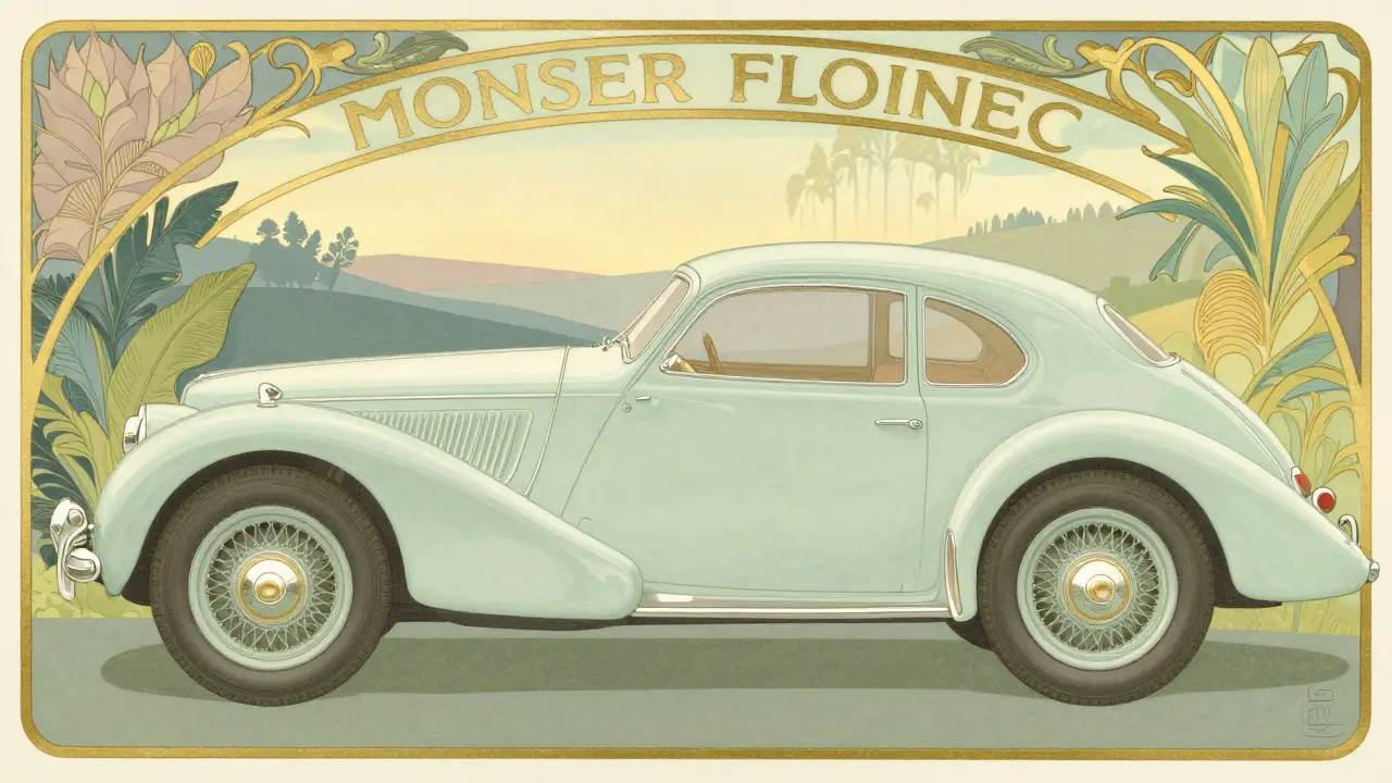 Auto d'epoca in un paesaggio stilizzato Art Nouveau, simbolo di manutenzione e preservazione.