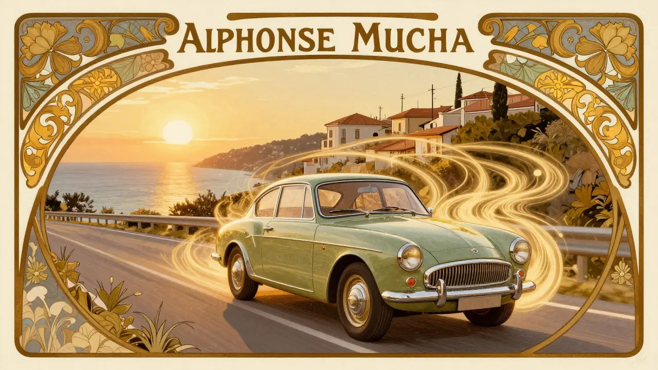 Auto d'epoca su strada costiera italiana avvolta in un'aura protettiva in stile Art Nouveau.