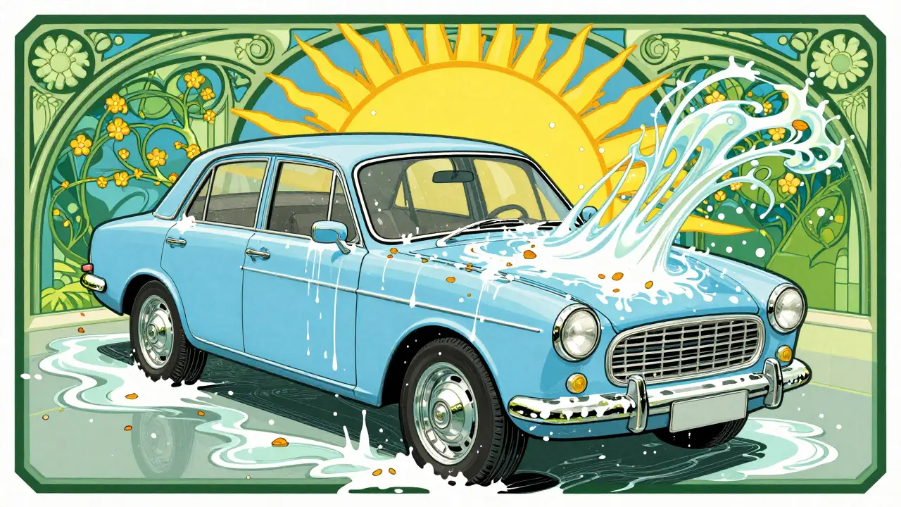 Auto lavata con flussi d'acqua decorativi in stile Art Nouveau