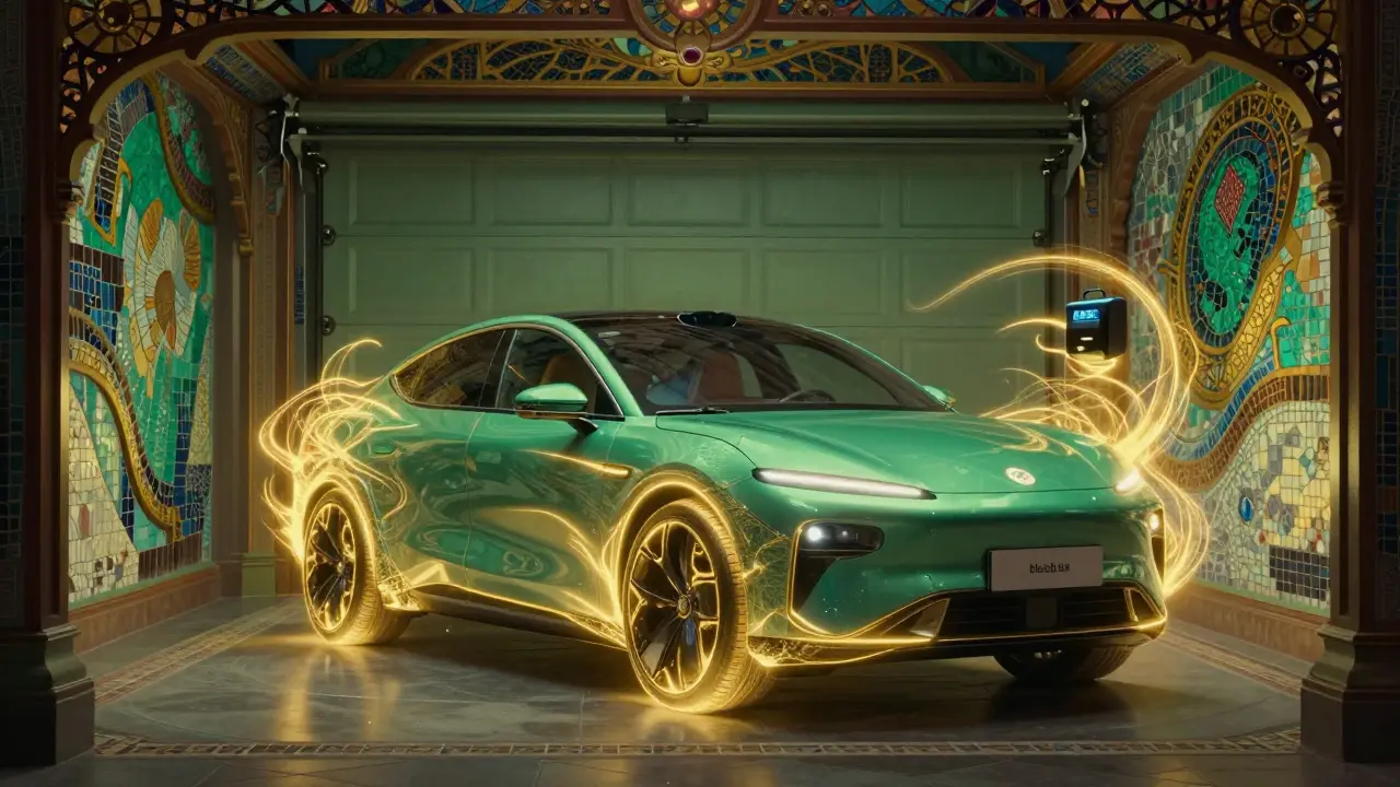 Auto protetta in un garage decorato con aura dorata in stile Art Nouveau