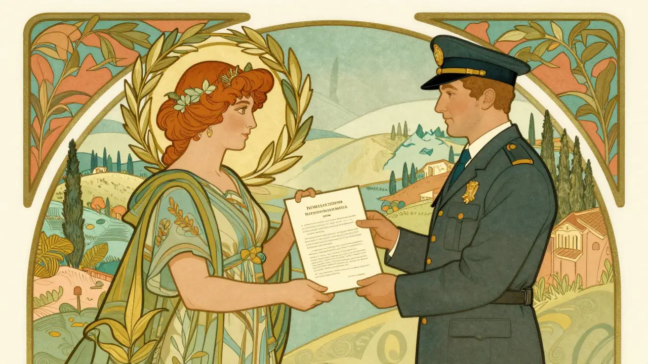 Consegna di un verbale ufficiale a un agente in un paesaggio italiano stilizzato.