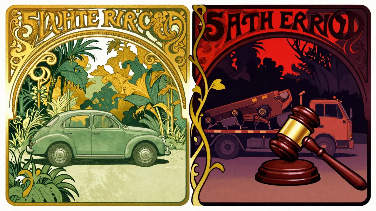 Contrasto tra sicurezza e sanzioni con auto e carro attrezzi in stile pubblicitario Art Nouveau.