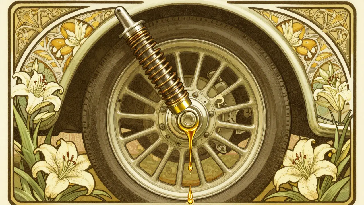 Dettaglio di un ammortizzatore con perdita d'olio in stile Art Nouveau