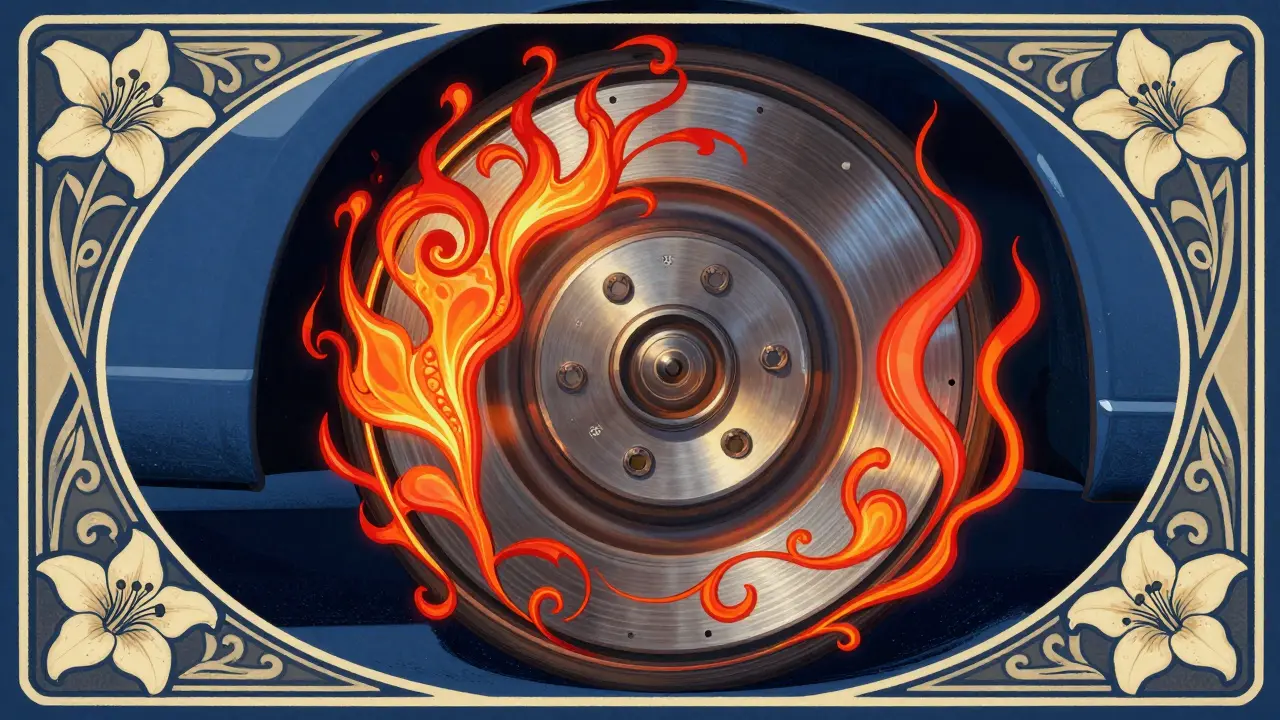 Disco freno surriscaldato con onde di calore stilizzate in stile Art Nouveau