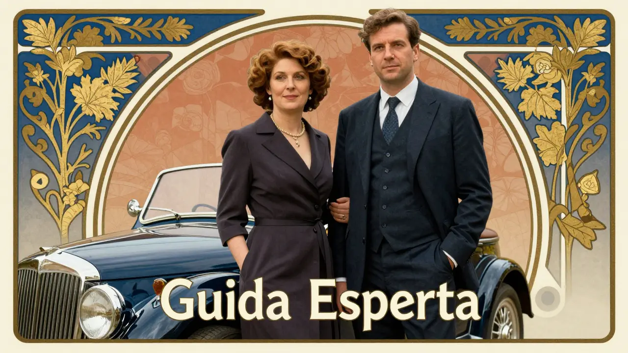 Due adulti esperti che posano vicino a un'auto con decorazioni floreali