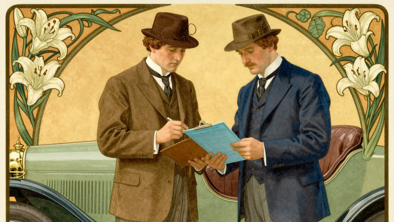 Due conducenti che compilano amichevolmente il modulo blu in uno stile artistico Liberty.