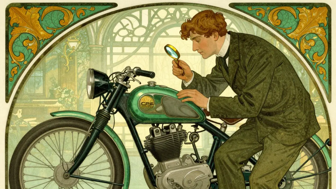 Esperto che perizia una moto storica tra decorazioni curvilinee