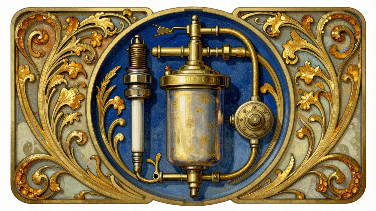 Illustrazione artistica di candele e filtri per auto a gas