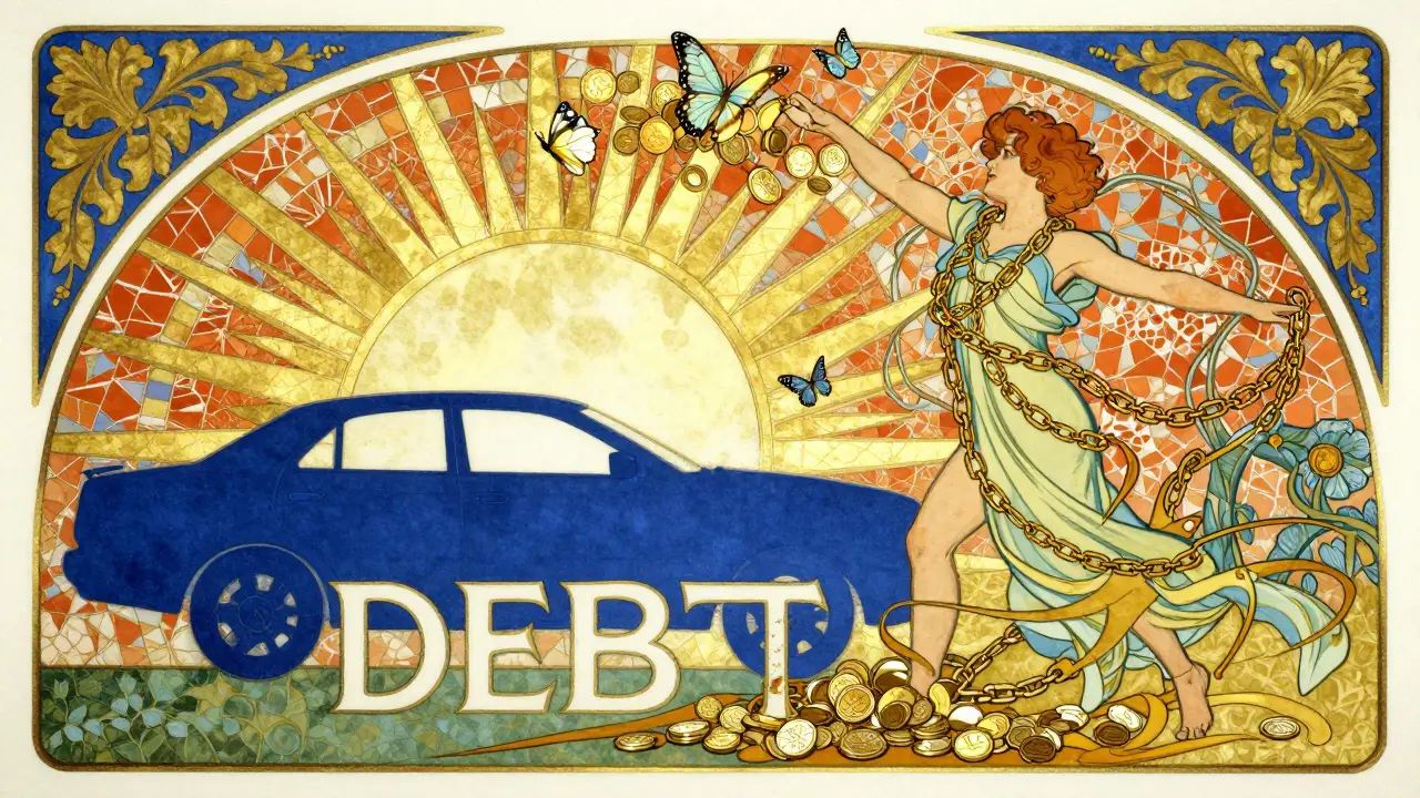 Illustrazione simbolica di liberazione finanziaria con farfalle e motivi dorati.