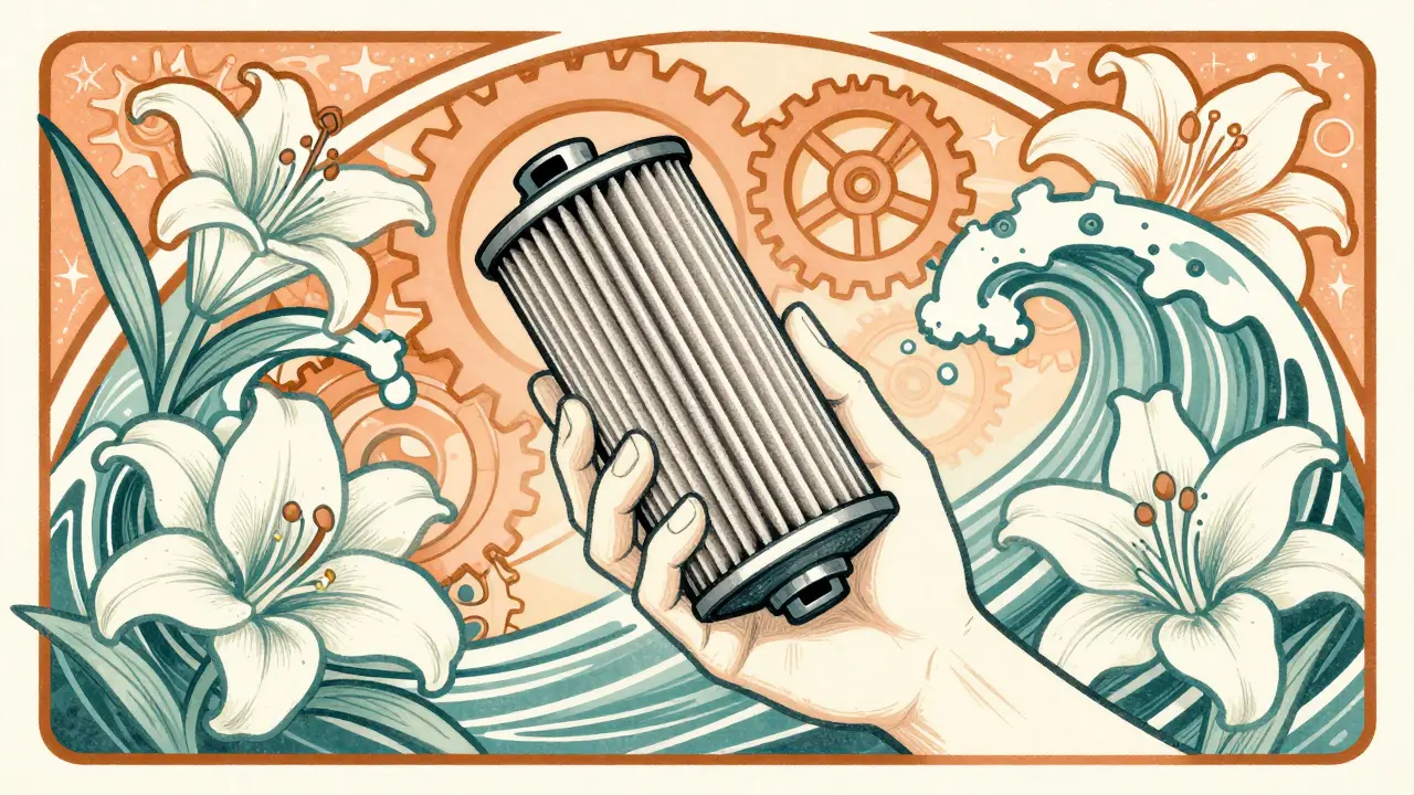 Immagine in stile Art Nouveau che mostra la sostituzione di un nuovo filtro disidratatore per l'auto.