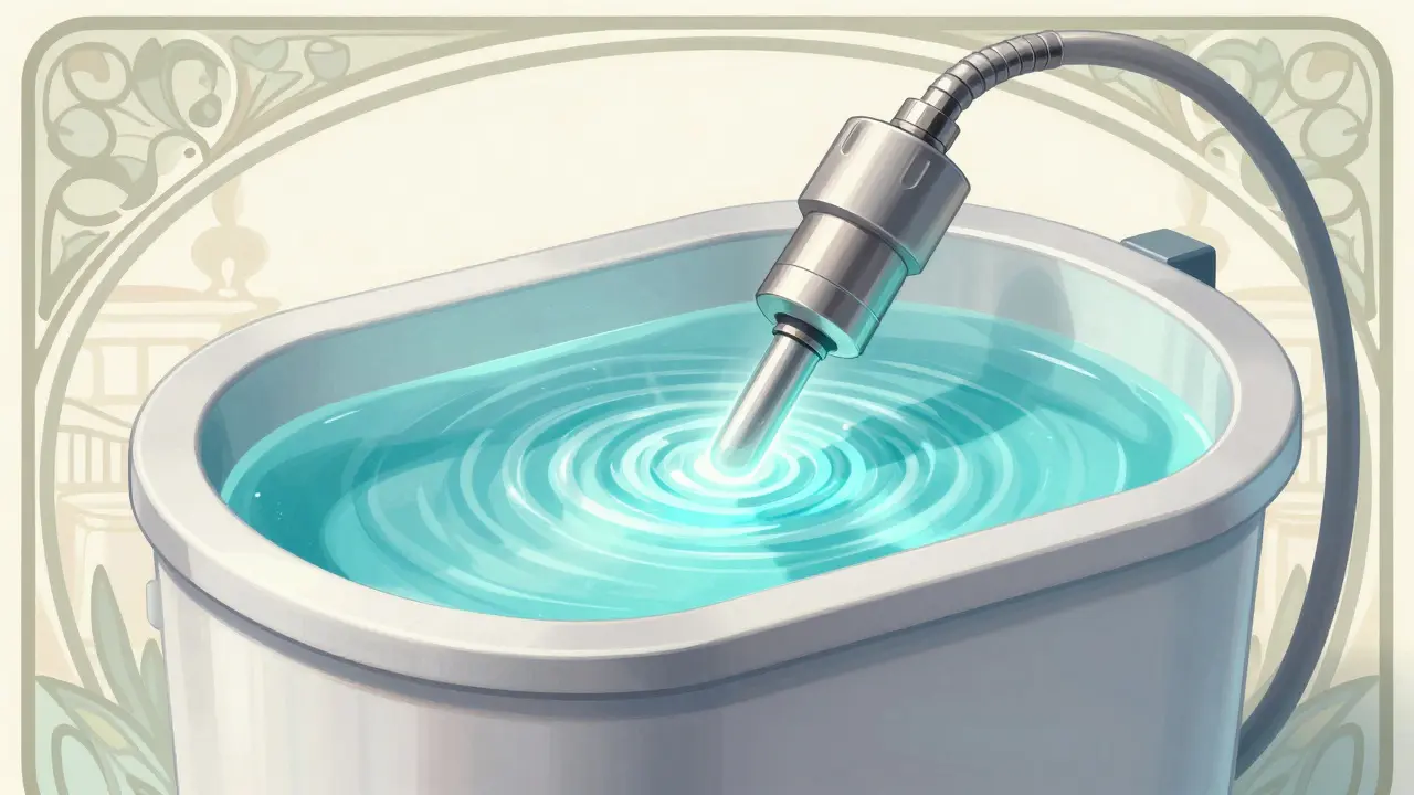Iniettore per auto in una vasca di pulizia a ultrasuoni in stile Art Nouveau.