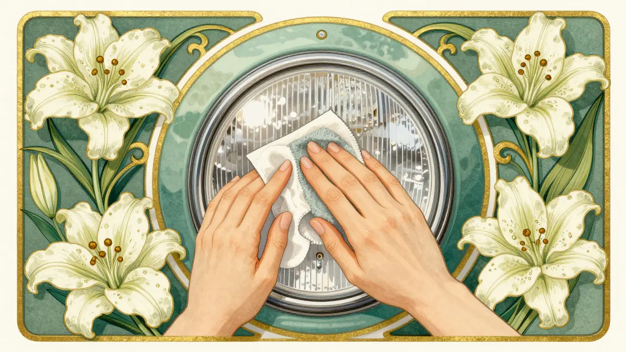 Mani che lucidano un faro auto tra decorazioni floreali Art Nouveau
