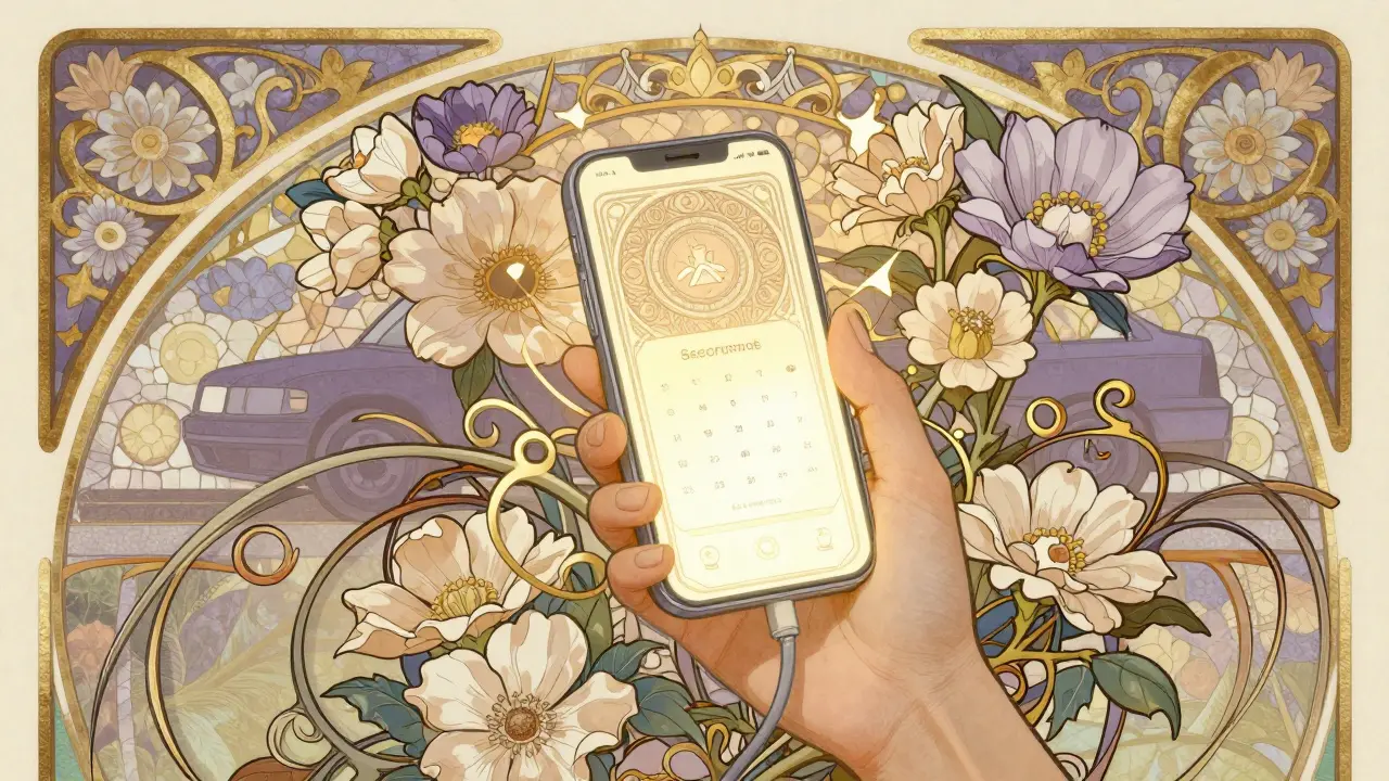 Mano che tiene un dispositivo digitale circondata da decorazioni floreali eleganti