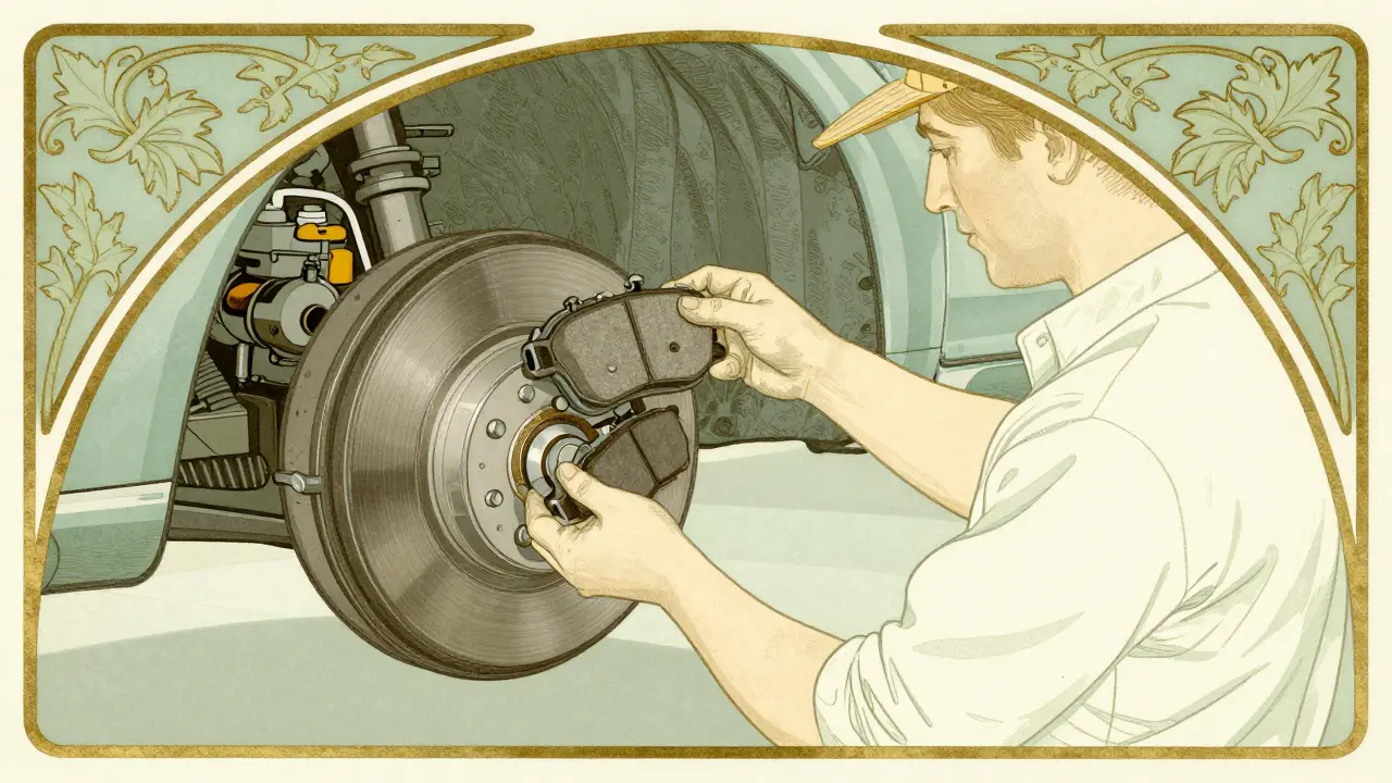 Manutenzione dei freni e controllo liquido in illustrazione Art Nouveau