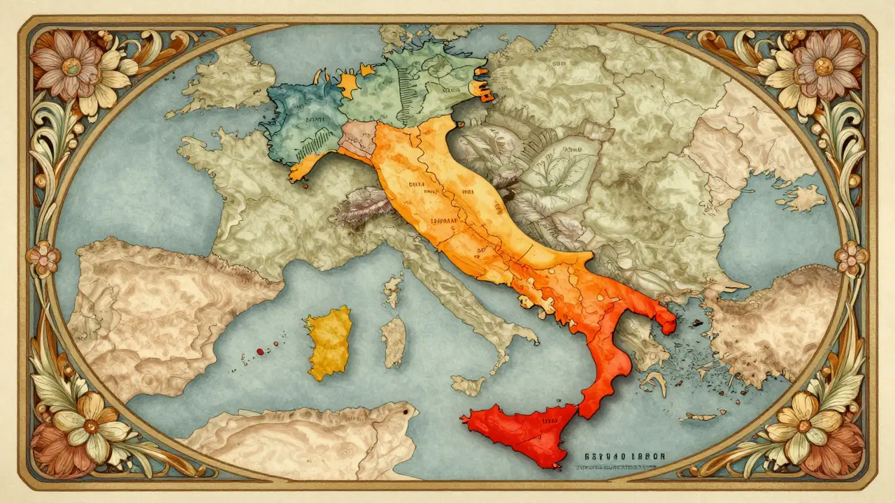 Mappa concettuale dell'Italia con decorazioni floreali in stile Art Nouveau.