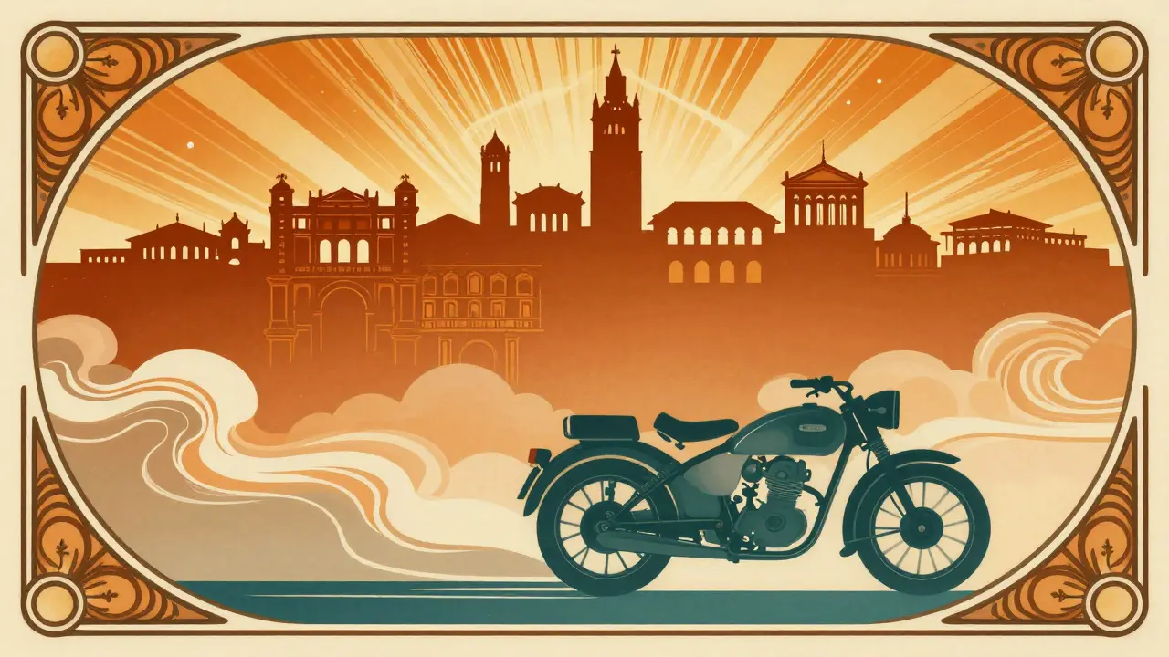 Moto d'epoca che percorre una città italiana stilizzata in stile Art Nouveau