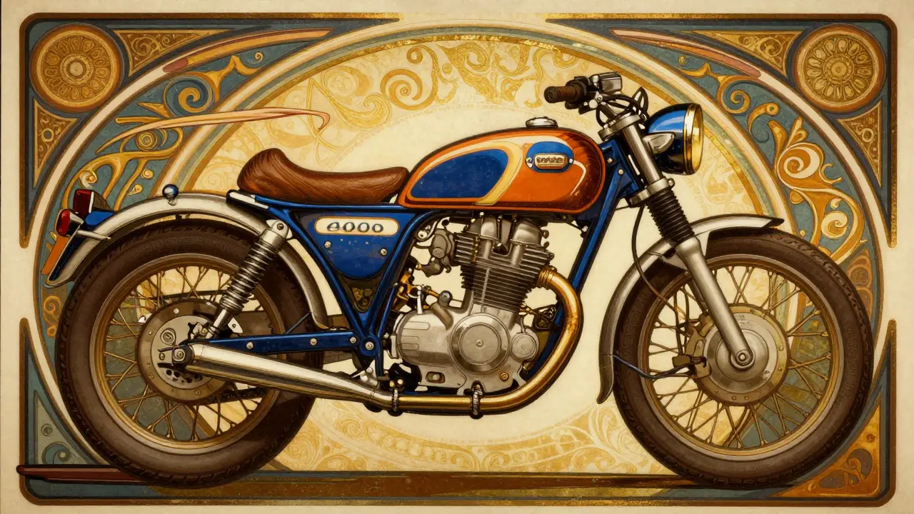 Moto di alta cilindrata stilizzata in un poster pubblicitario Art Nouveau.
