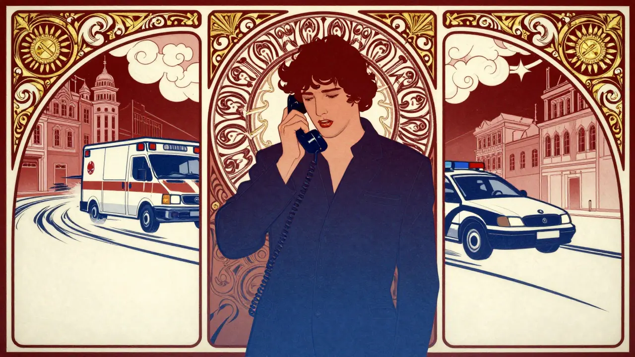 Persona che chiama i soccorsi durante un incidente stradale con ambulanza in arrivo.