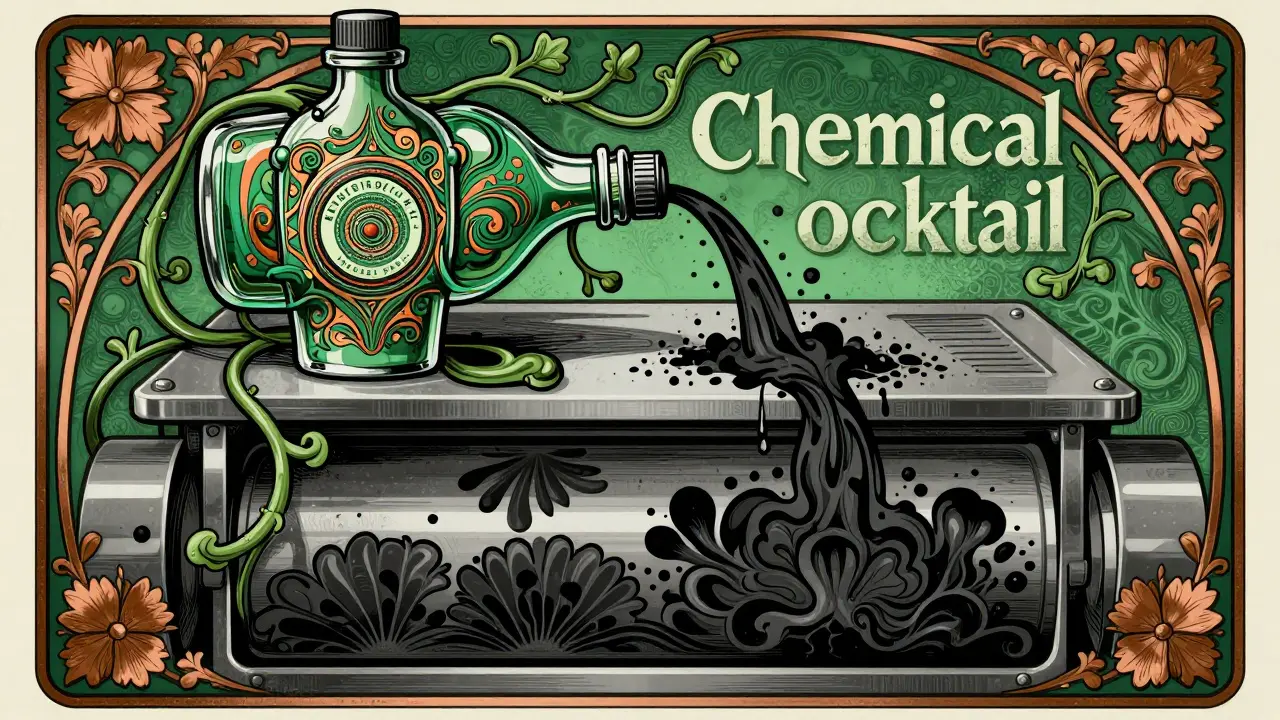 Rappresentazione artistica di un additivo chimico che sposta i residui nel motore.