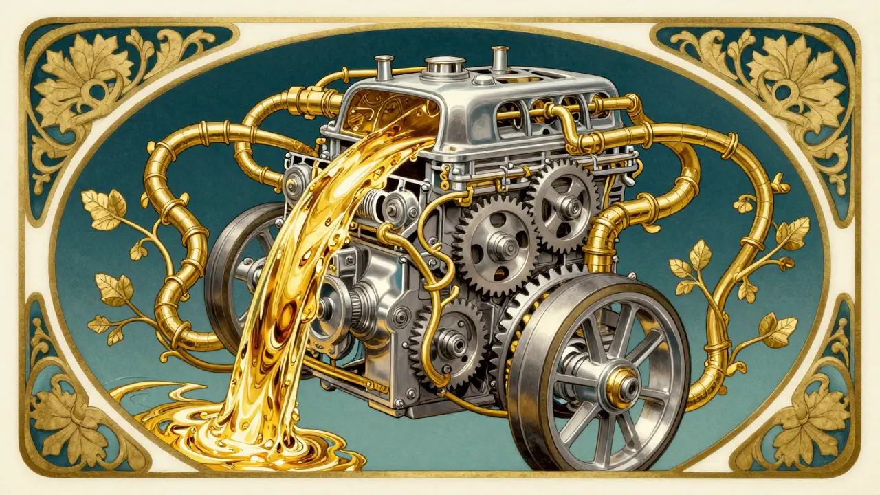 Rappresentazione artistica in stile Art Nouveau di olio motore che lubrifica ingranaggi metallici.