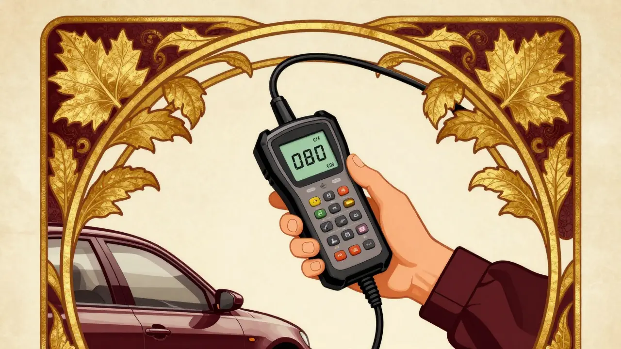 Scanner diagnostico OBD-II collegato a un'auto in stile illustrativo.