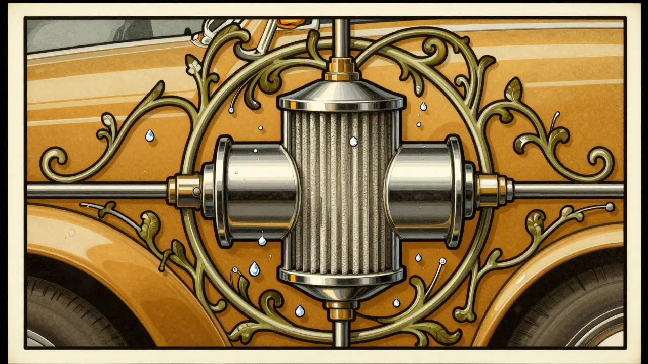 Schema decorativo Art Nouveau del filtro disidratatore che rimuove acqua e impurità dal sistema.