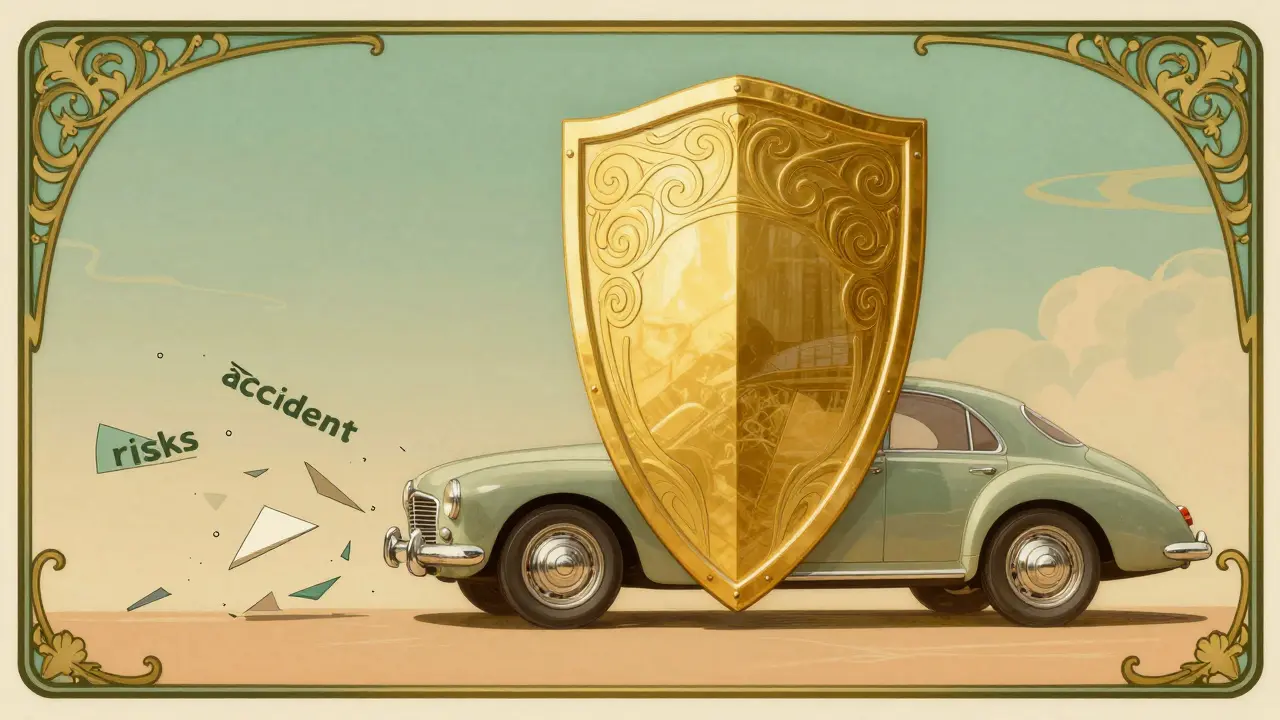 Scudo dorato protettivo sopra un'auto classica in stile pubblicitario Art Nouveau.